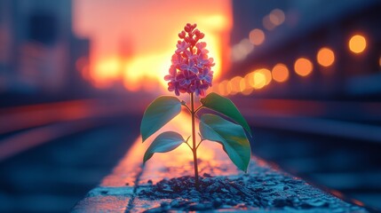 Poster - A Single Lilac Blooming at Sunset on Railroad Tracks: A Symbol of Resilience and Hope in an Urban Landscape
