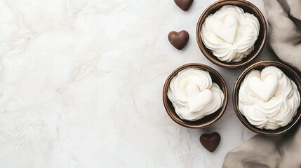 Wall Mural -   Three small bowls with whipped cream atop a white marble table next to heart-shaped chocolate candies