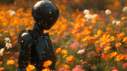Poster - A Solitary Black Robot Contemplates Amidst a Vibrant Field of Golden and Pink Flowers at Sunset, a Surreal Scene of Technological Harmony with Nature.