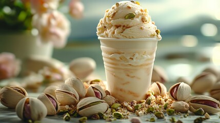 Poster - Delightful Pistachio Ice Cream in a Cup: A Creamy Treat Surrounded by Roasted Nuts