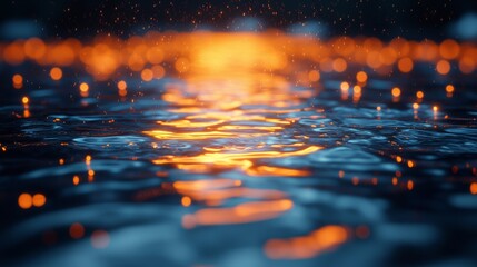 Fototapete - Enigmatic Reflections: Abstract Water Surface with Orange Bokeh Lights and Dark Blue Hues, Creating a Dreamlike, Serene, and Mysterious Atmosphere.