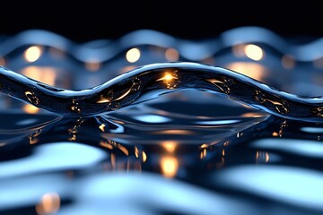 Poster - Mesmerizing macro shot of water surface with golden light bokeh reflections creating smooth waves and ripples in dark blue tones, abstract liquid pattern.