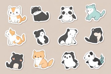 Poster - Cute animal stickers featuring playful designs of cats, pandas, and other adorable creatures on a soft background. Generative AI