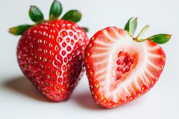 Sticker - Two fresh strawberries cut in half on a white background, ideal for food and health-related uses