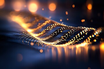 Poster - Abstract glowing golden particles forming wave pattern on dark blue background with bokeh light effect and reflective surface, suitable for technology designs.