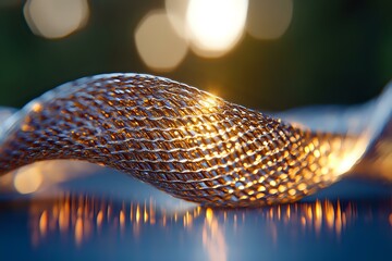 Metallic mesh wave structure with golden light reflections and bokeh effect on dark background creates modern abstract architectural composition.