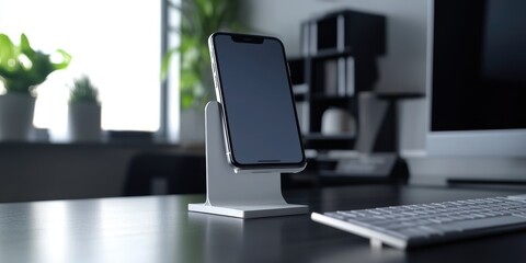 Poster - A cell phone sits on a desk next to a keyboard, perfect for making calls or working from home