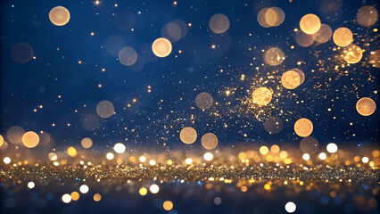 Ornate holiday decorations and glowing bokeh create a sparkling abstract pattern against a dark blue background, ideal for a festive Christmas lights theme