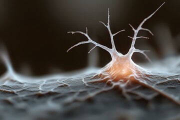 Poster - Microscopic view of neuron cell with branching dendrites and glowing nucleus on dark background, illustrating neural network and brain activity in medical science.