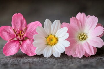 Wall Mural - Three pink and white flowers sitting together