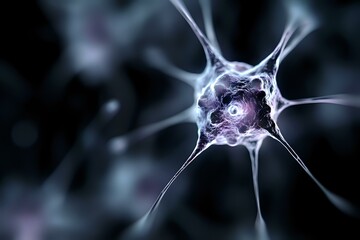 Poster - Microscopic view of neuron cell in purple and blue tones showing synaptic connections and dendrites against dark background, scientific medical visualization.