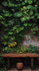 Poster - Lush green wall with wooden bench in tranquil indoor garden space