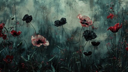 Wall Mural -   Red and black flowers dot green grass, foreground; blue sky background