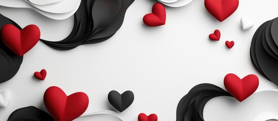 Wall Mural - Ultra-modern mockup background with space for text, featuring monochrome black and red elements, geometric heart shapes, and subtle shadows for a refined aesthetic for Saint Valentines Day