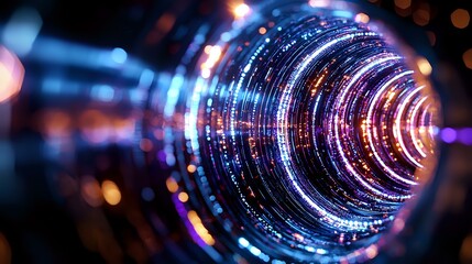 Poster - Futuristic glowing tunnel with circular light trails in blue and purple neon colors creating dynamic perspective effect for technology and innovation concepts.