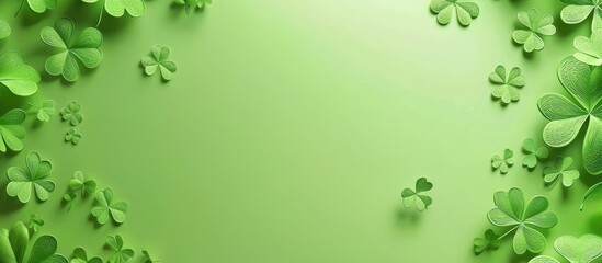 Wall Mural - Ultra-modern mockup background with space for text for Saint Patricks Day, designed with a fresh mossy green gradient, Celtic patterns, and floating shamrock petals