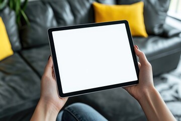 Poster - A person is holding a tablet with a blank white screen