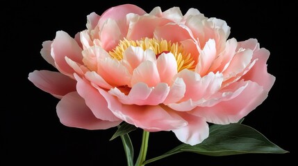 Sticker - A single pink flower with green leaves on a black background