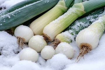 Sticker - A cluster of onions resting on snowy terrain, ready for harvesting