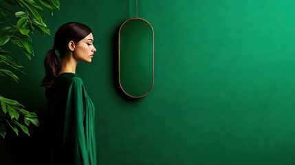 Sticker -   A woman stands before a green wall with a mirror reflecting back at her and a plant positioned in front of her