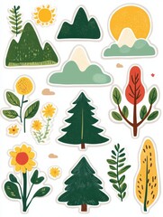 Poster - Collection of colorful nature themed stickers featuring trees, flowers, mountains, and sun. Generative AI