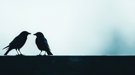 Wall Mural - two birds perched on a wood ledge, amidst a hazy blue sky