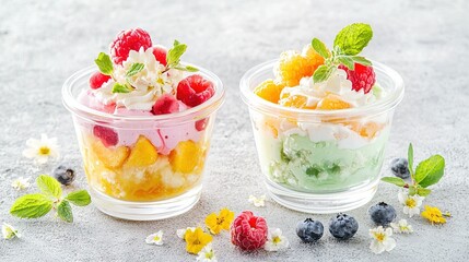 Wall Mural -   Cups of ice cream with fruit and served on a gray background alongside flowers and leaves