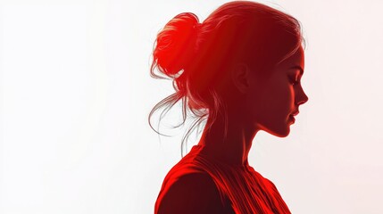 Wall Mural - Profile silhouette of young woman with a bun hairstyle wearing a red top against a white background creating a soft light effect