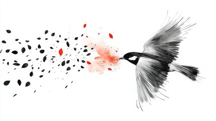Wall Mural - black-and-white sketch of a bird with red spots emerging from its wings