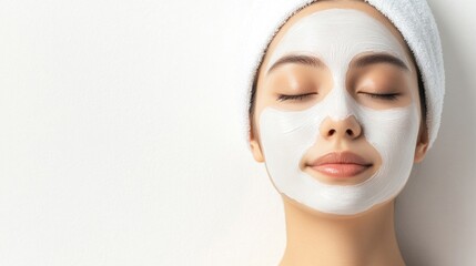 Sticker - Young Asian woman with clean fresh skin and facial mask on light background spa treatment serene expression beauty and wellness concept