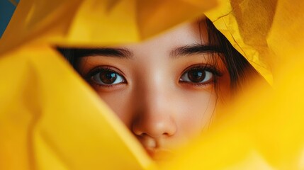 Sticker - Close-up portrait of positive young Asian woman gazing through vibrant yellow crinkled paper sheets highlighting her expressive brown eyes.