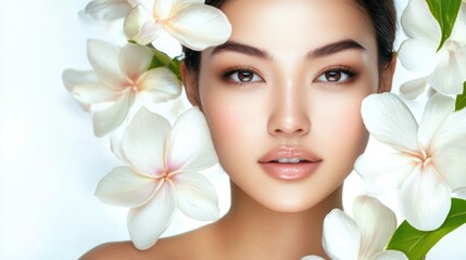 Wall Mural - Radiant young Asian woman with flawless skin surrounded by white flowers on a soft background showcasing beauty and skincare in spa aesthetics.