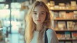 © The 2R Artificiality - Bright portrait of a young woman with long blonde hair standing in a cozy book store with blurred bookshelves and natural light in the background