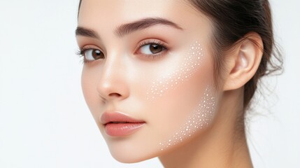 Sticker - Radiant young Asian woman with fresh complexion showcasing facial treatment with dots on cheeks against a clean white background in spa setting.