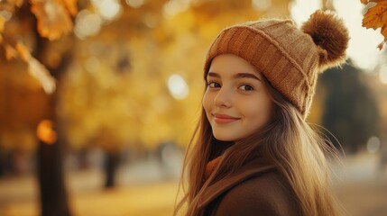 Wall Mural - Smiling young girl with long brown hair wearing a cozy brown hat in a vibrant autumn park with yellow foliage capturing a cheerful outdoor moment