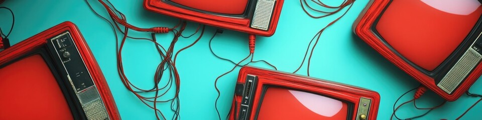 Poster - A collection of televisions on a blue wall, great for use in technology or media related contexts