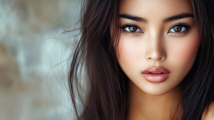 Wall Mural - Portrait of a beautiful young Asian woman with long dark hair and glowing skin, showcasing expressive brown eyes and soft features against a muted background.