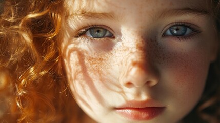 Sticker - Close-up portrait of a cheerful young girl with curly red hair, blue eyes, and freckles, illuminated by warm sunlight, featuring soft shadows on her face.