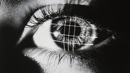 Poster - Intricate close-up of a human eye with laser grid pattern highlighting unique details of the iris in a dramatic monochrome setting. Generative AI