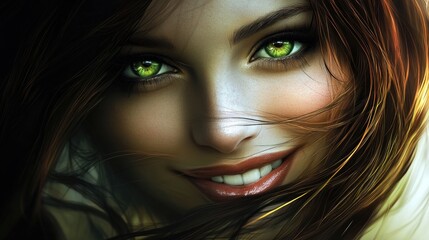 Wall Mural - Radiant portrait of a joyful young woman with vibrant green eyes and flowing brown hair illuminated by soft light against a dark background.