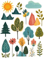 Aufkleber - Colorful nature themed stickers featuring trees, mountains, flowers, and sun for creative projects and decoration. Generative AI