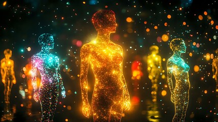 Poster - Glowing luminous human figures made of light particles standing in darkness with bokeh effect and sparkles, creating magical atmosphere for spiritual concept.