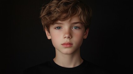 Wall Mural - Young boy with curly hair gazing directly at the camera against a solid black background, capturing innocence and curiosity in soft natural light.