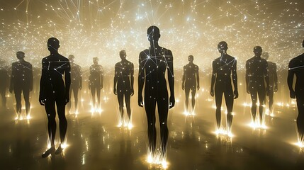 Poster - Silhouettes of standing figures illuminated from below against dark background with glowing particles and light effects creating mystical atmospheric scene.