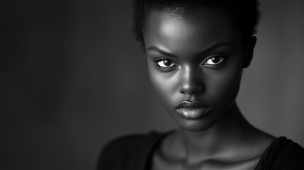 Canvas Print - Serious portrait of a confident black woman with captivating eyes against a soft focus background, showcasing strength and beauty.