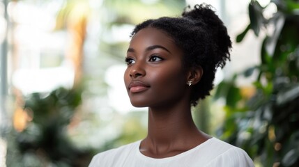 Wall Mural - Young dark-skinned woman posing indoor with a relaxed expression surrounded by vibrant green plants in a bright and airy setting.