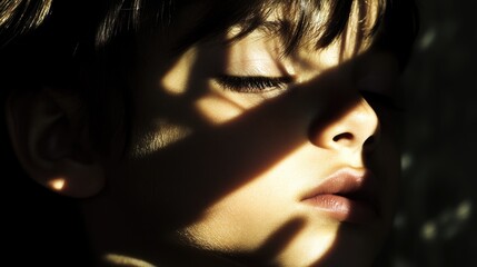 Wall Mural - Sunlit Serenity: Tender Close-Up of Child's Face Bathed in Soft Natural Light with Gentle Shadows Enhancing Features in Calm Indoor Setting