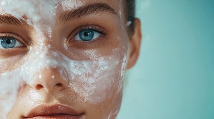 Sticker - Close-up of a young woman with clear blue eyes applying facial treatment, showcasing a skincare mask on her face against a soft turquoise background.