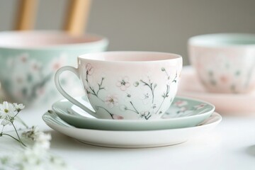 Wall Mural - A close-up view of a cup and saucer placed on a table