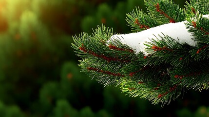 Wall Mural - Snow-covered evergreen branch glistening in sunlight amidst a lush green forest background